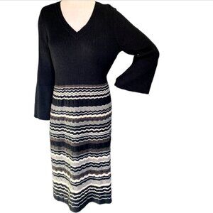 Nine West Black Ribbed Knit Dress Solid Black w/ Zigzag-Stripe L #95G